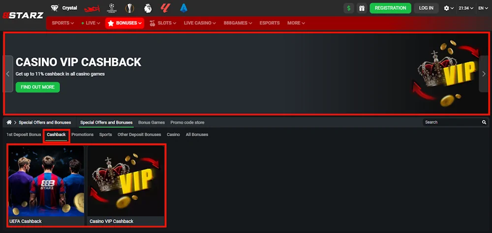 888Starz Cashback Bonuses Screenshot